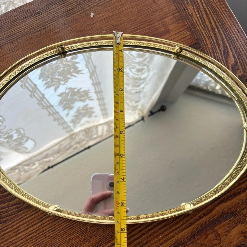 Vintage Oval Brass Tone Mirror Vanity Tray Felt Back Floral Rim old Hollywood